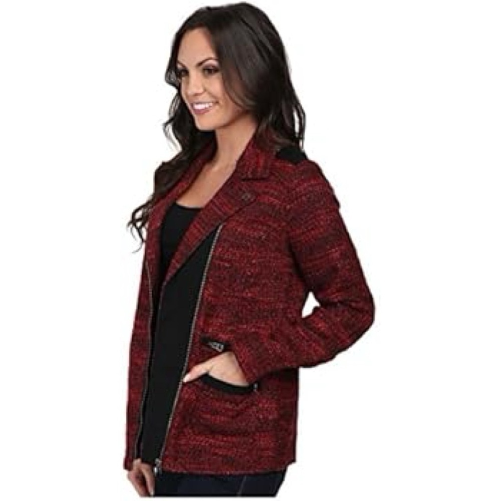 NWT Lucky Brand Boucle Tweed Moto Jacket Red Black Medium